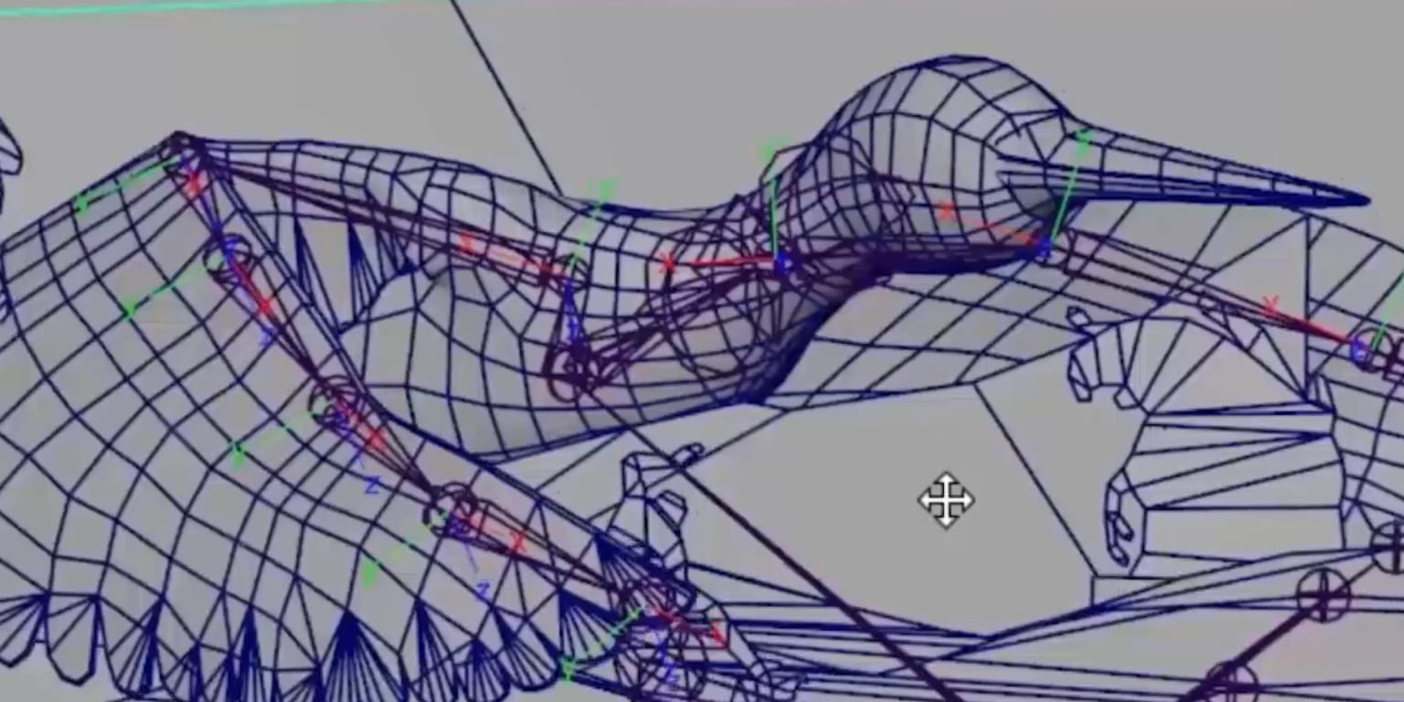 Ein Drahtgittermodell eines Vogels im Flug, das seine Struktur und Bewegungsmechanik zeigt.