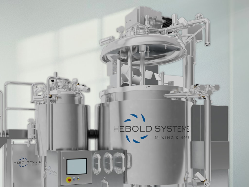 This image shows a 3D real-time visualization of an industrial system created using Blender, featuring equipment from Hebold Systems. The setup includes polished stainless steel tanks and various mechanical components used for mixing and processing. The detailed and realistic rendering highlights Hebold Systems' advanced technological capabilities and commitment to quality in industrial manufacturing solutions.