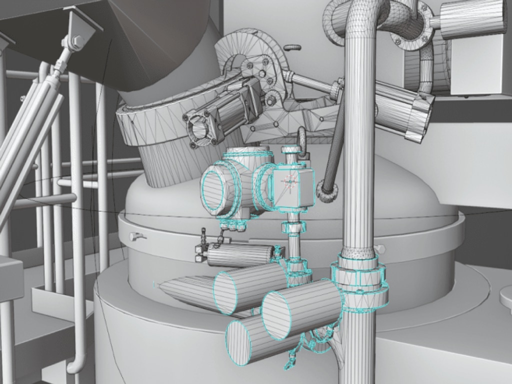 The image shows a technical 3D visualisation of an industrial system, created with Blender. It shows various machine components, including pipes, valves and other mechanical parts, presented in a detailed and accurate visualisation. This visualisation is used by Hebold Systems to illustrate industrial processes and equipment.
