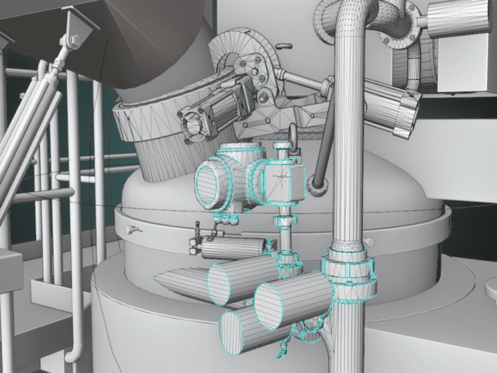 The image shows a technical 3D visualisation of an industrial system, created with Blender. It shows various machine components, including pipes, valves and other mechanical parts, presented in a detailed and accurate visualisation. This visualisation is used by Hebold Systems to illustrate industrial processes and equipment.