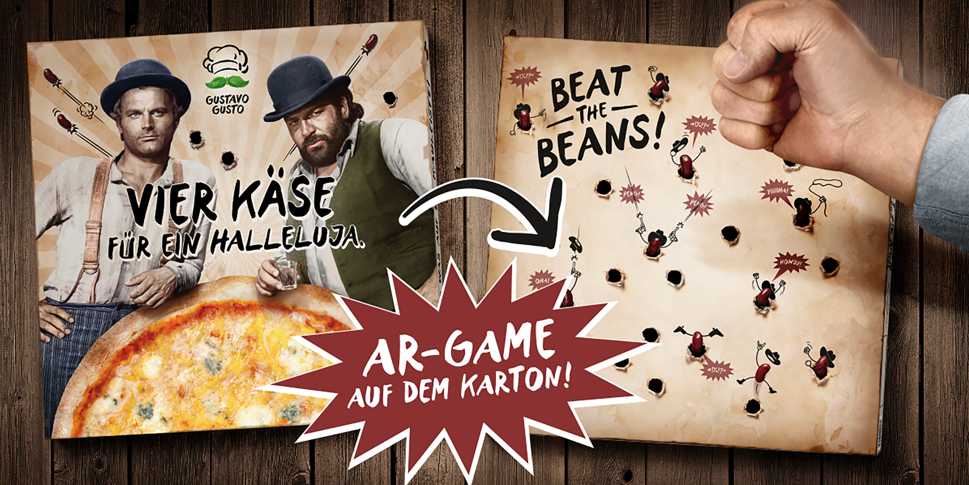 Auf einem Gustavo Gusto Pizzakarton ist ein interaktives Augmented-Reality-Spiel zu sehen, das die Spieler einlädt, die "Bohnen zu schlagen!" und dabei eine Käsepizza zu genießen