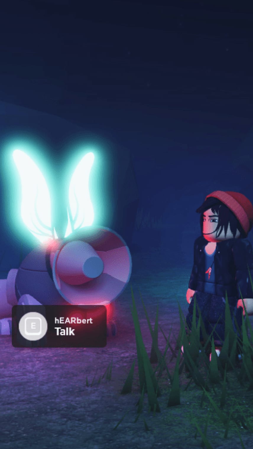 A Roblox character stands next to a glowing robot with wings in a dark, grassy environment.