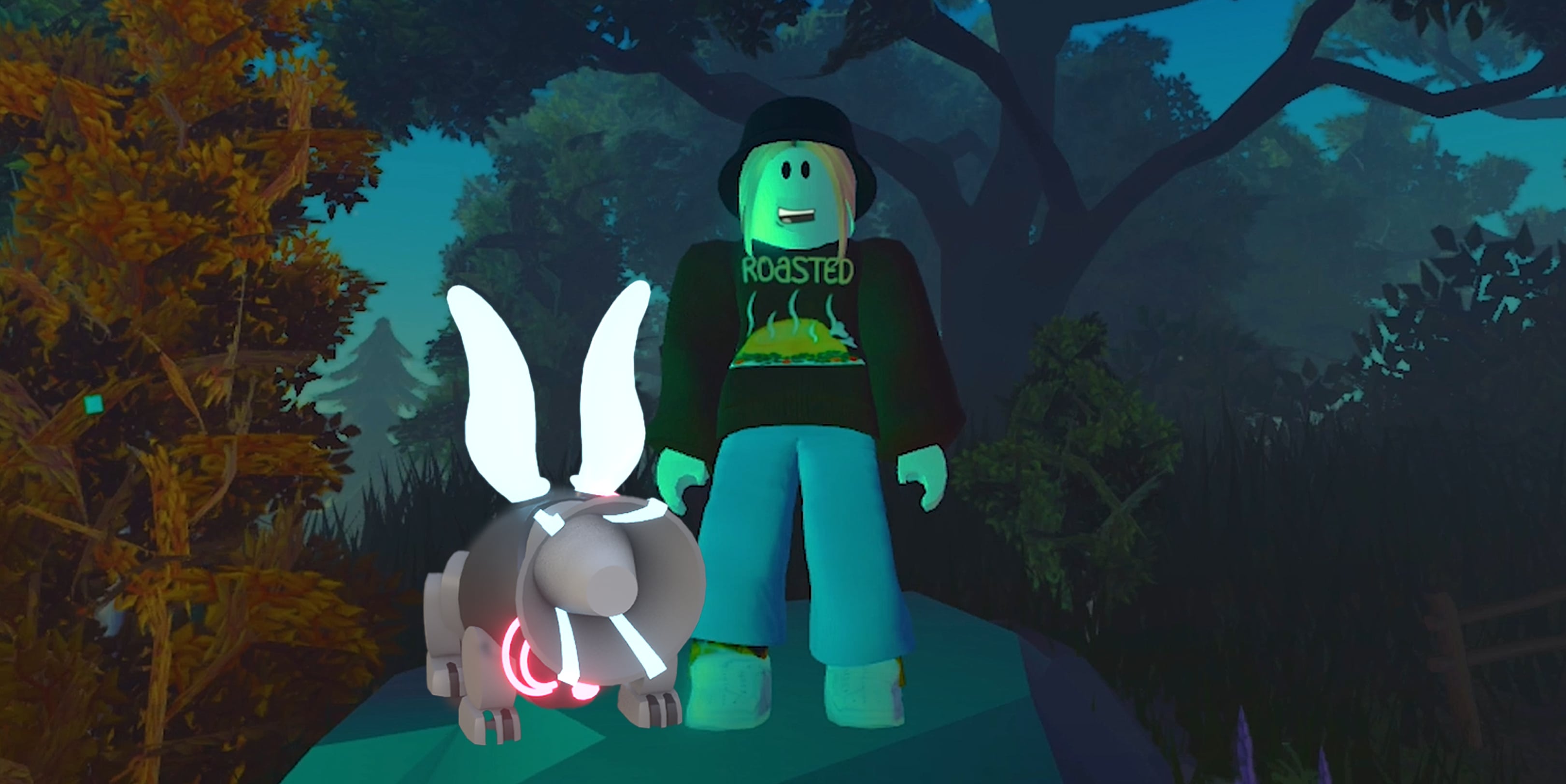 A Roblox character of the game Jump'n'hear in a virtual forest wears a "ROASTED" sweater and stands beside a glowing bunny.