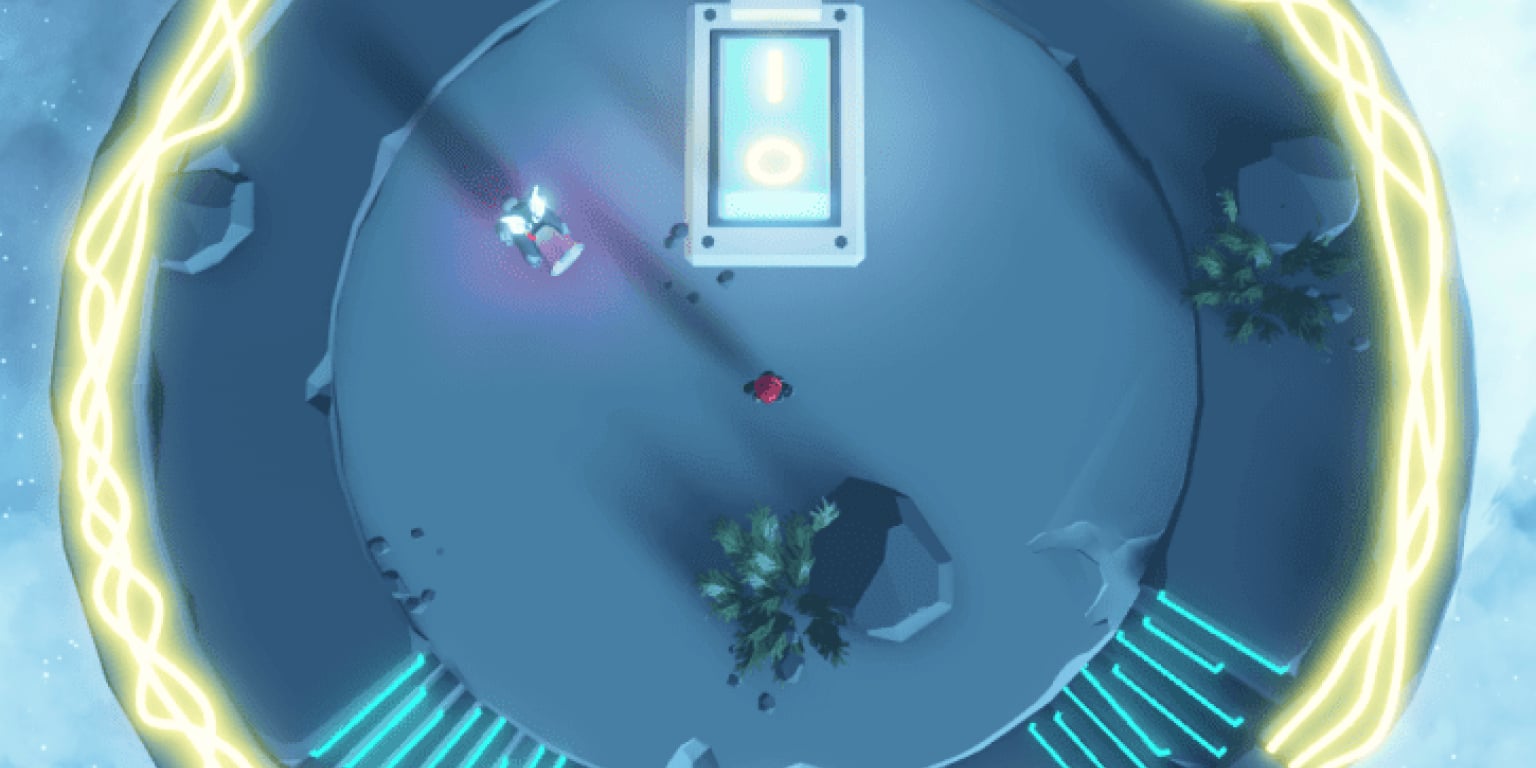 An aerial view of a futuristic, circular environment with glowing patterns and a central control panel.