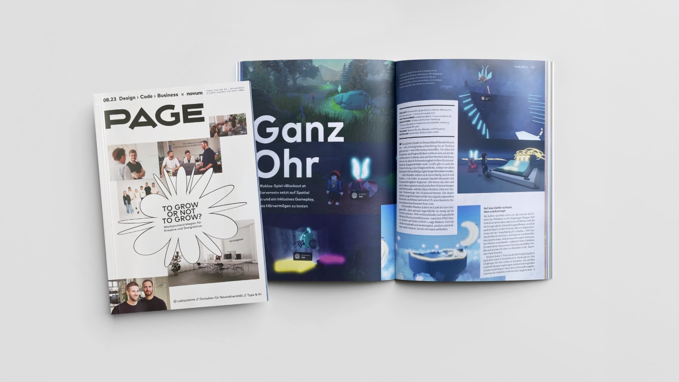 A design magazine PAGE features an article on the inclusive gameplay of a Roblox game titled "Jump'n'hear" alongside visuals and insights.