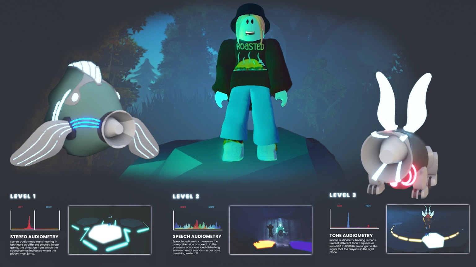 A Roblox character stands on a rock in a forest, accompanied by futuristic audio-testing creatures and displayed levels of auditory tasks.