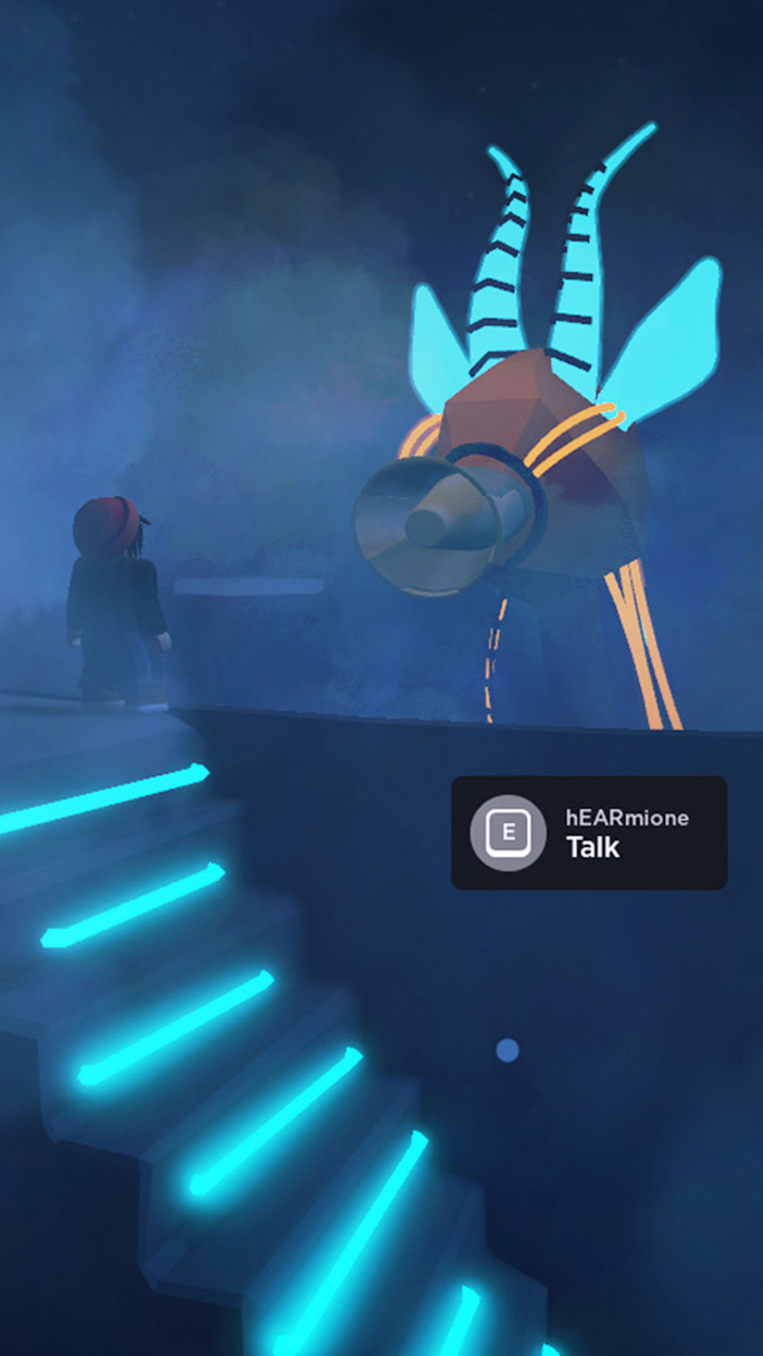 A Roblox character stands at the bottom of illuminated stairs, gazing up at a large, fantastical creature with glowing horns.