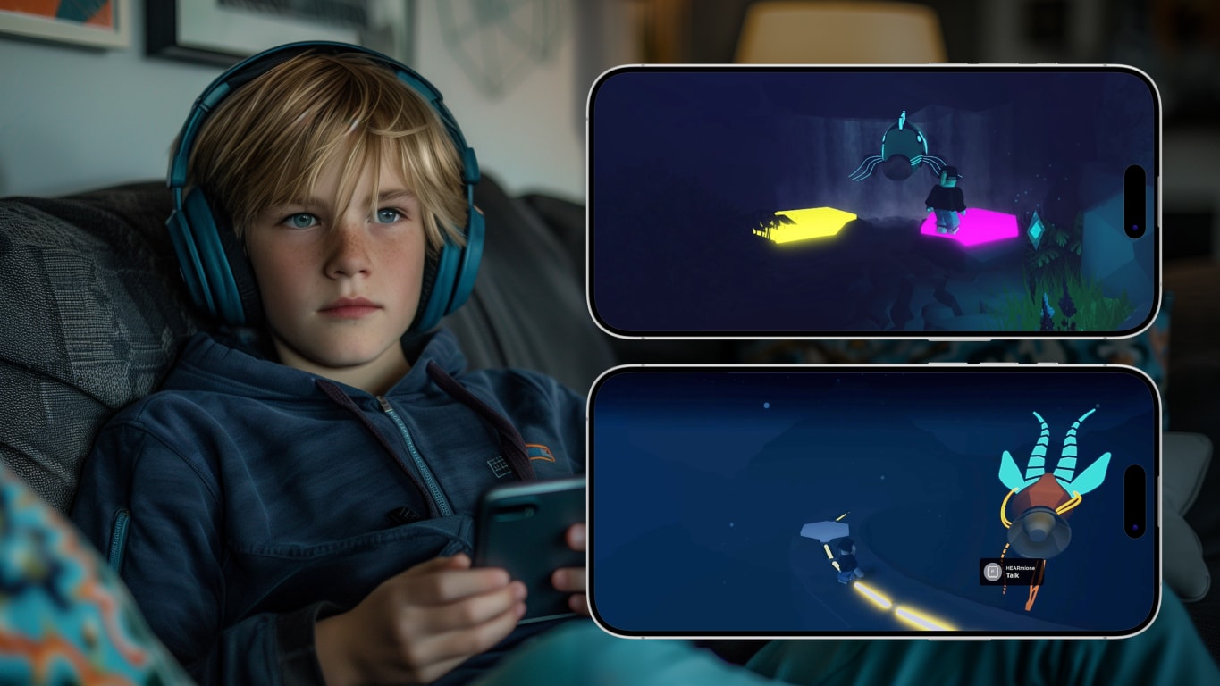 A focused child wearing headphones plays the Roblox game Jump'n'hear featuring vibrant underwater scenes on his smartphone.