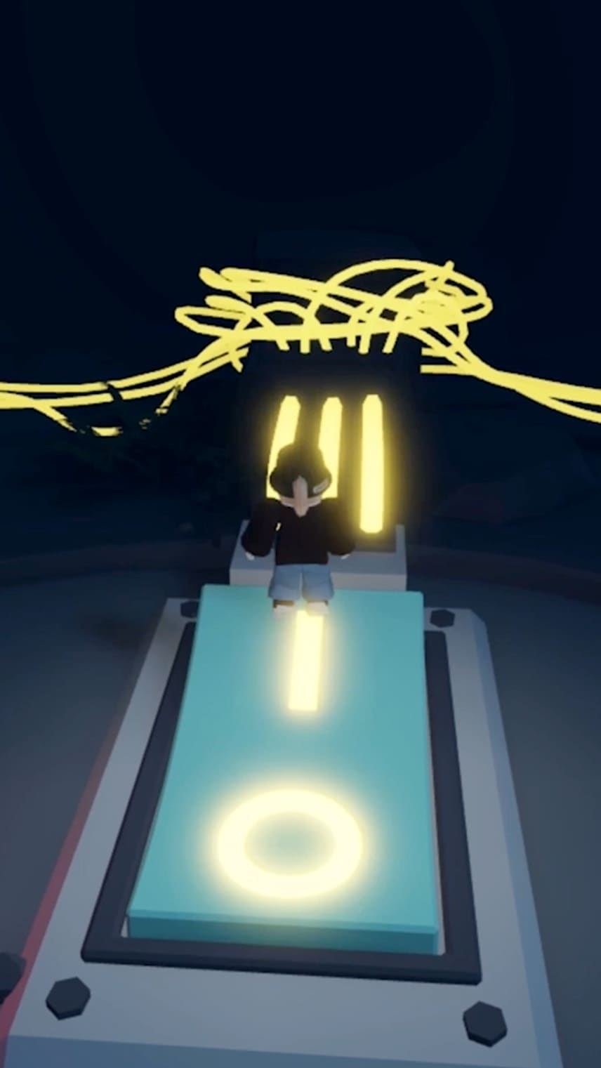 A Roblox character stands on a glowing platform with bright yellow lines swirling above it.