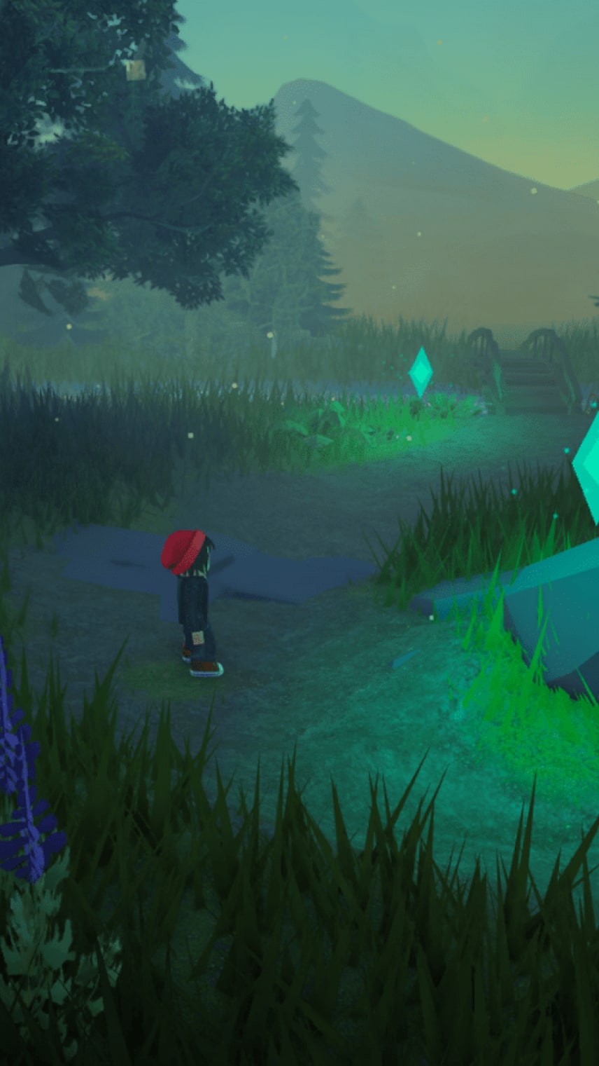 A Roblox character stands on a forest path surrounded by glowing green crystals and tall grass.