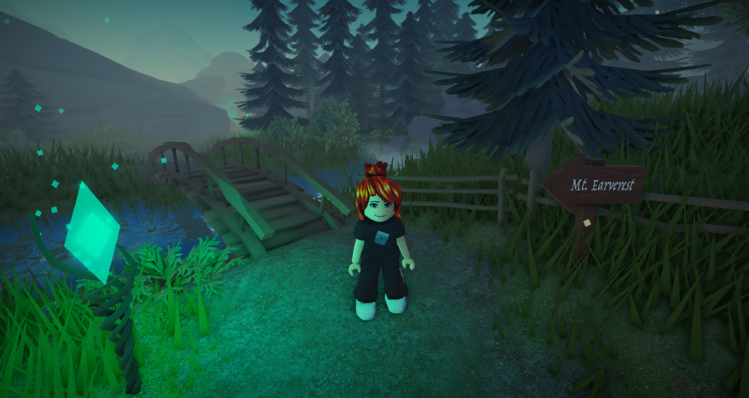A Roblox character stands on a grassy path beside a wooden bridge, with a sign pointing towards "Mt. Earverest" in a misty, forested landscape.