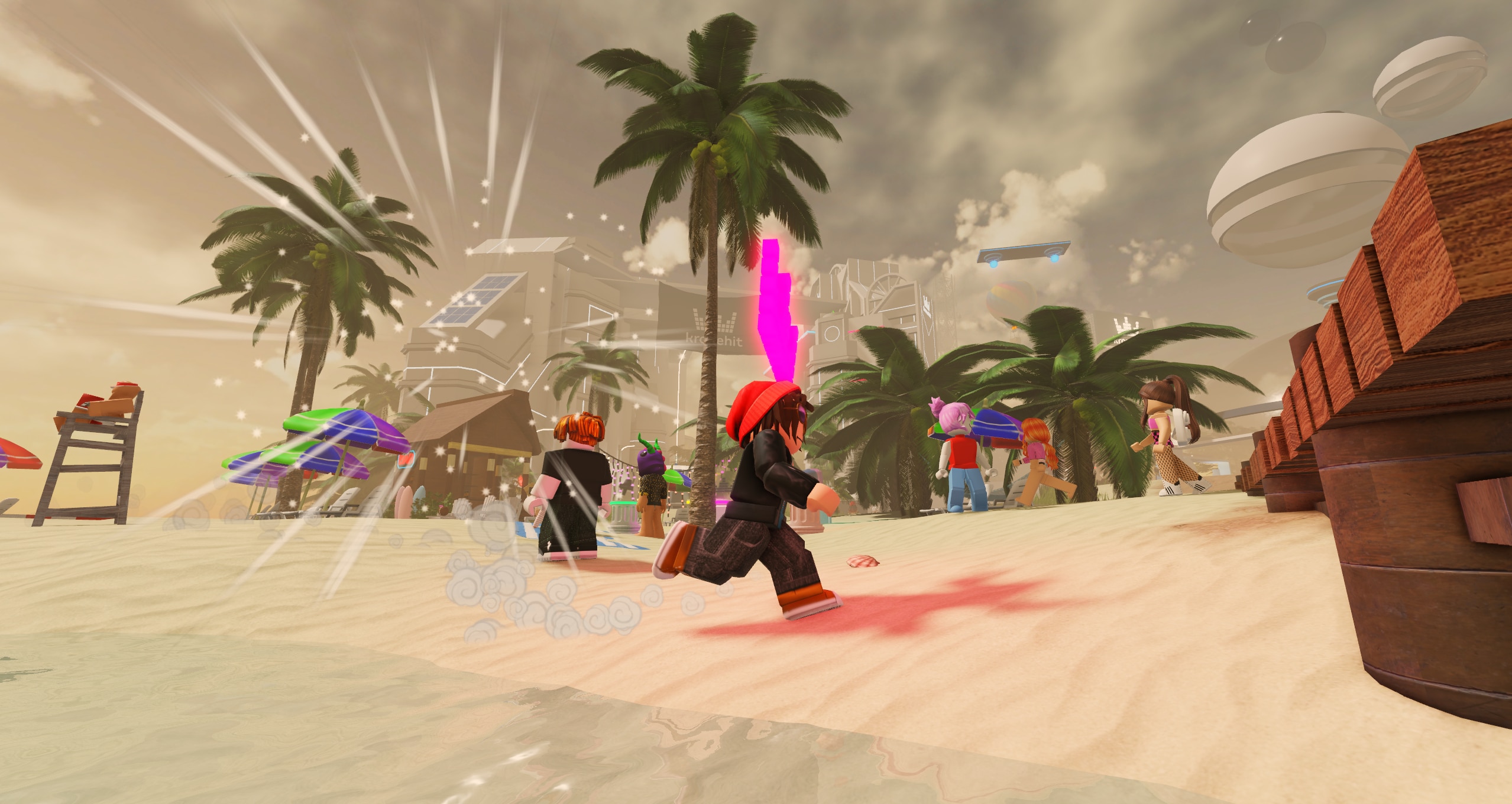 A vibrant beach scene filled with Roblox characters, palm trees, and colorful umbrellas, as one character runs toward the water with a playful aura.