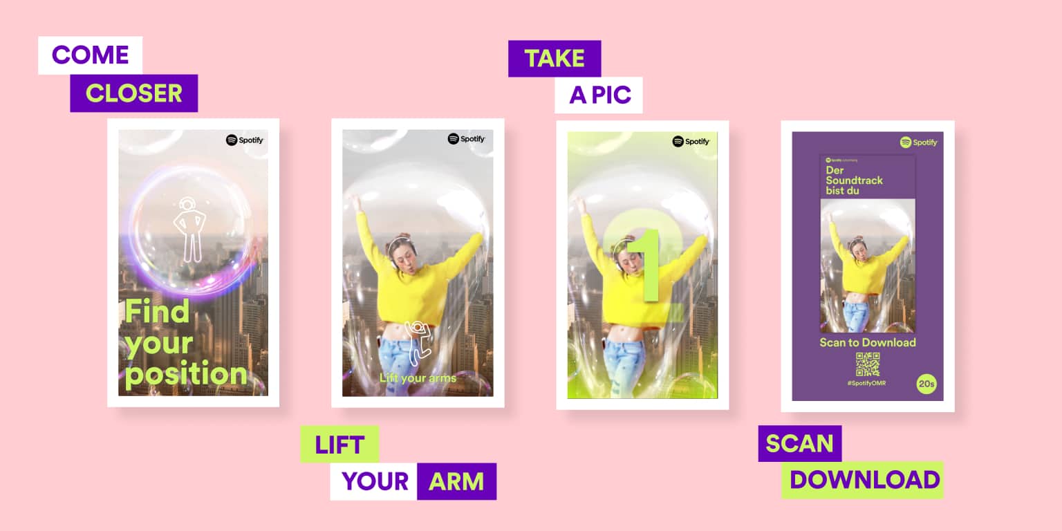 Colorful styleframes for Spotify installation encouraging users to take a picture while lifting their arms in a bubble-like setting.