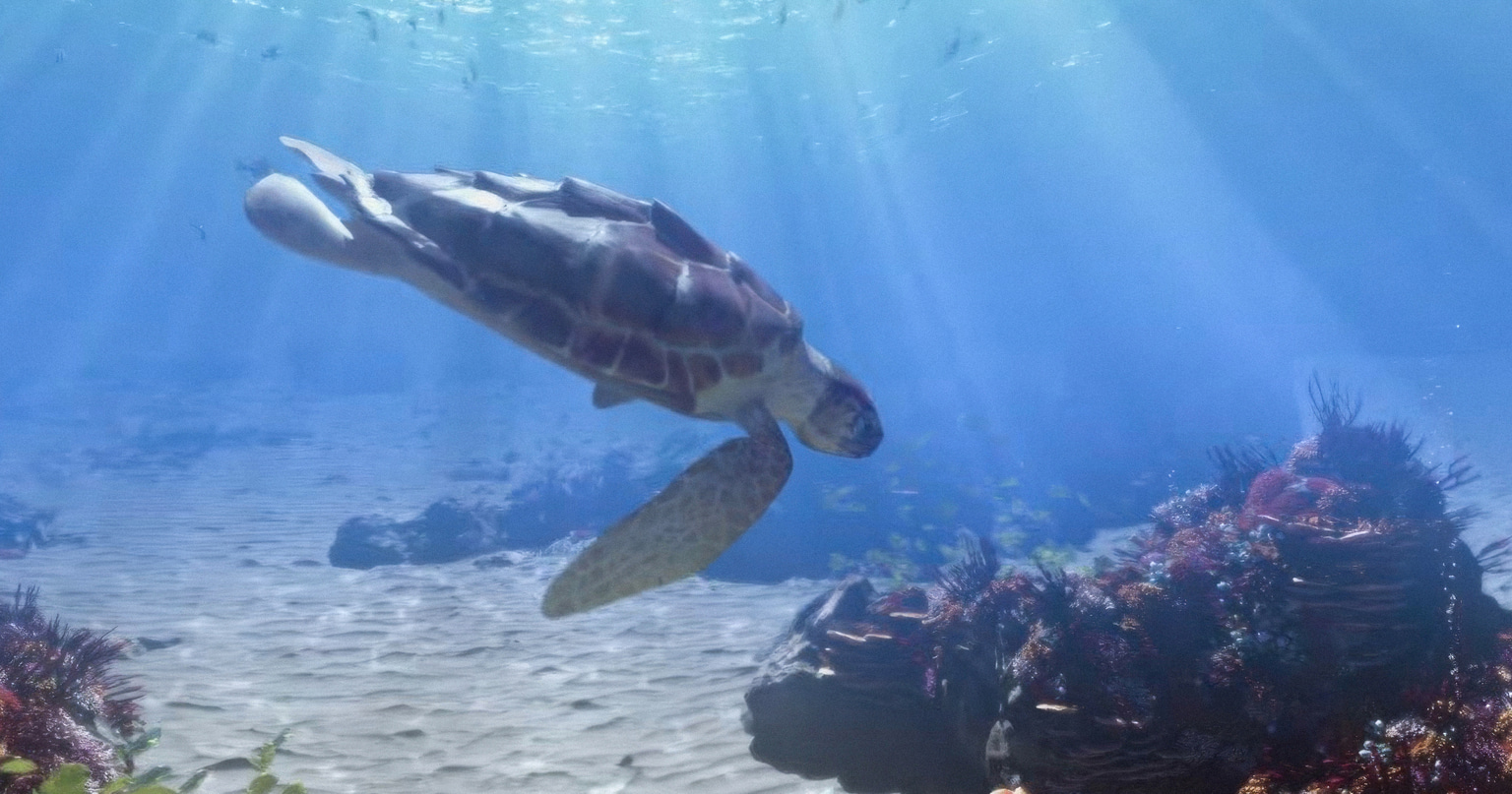 A sea turtle gracefully swims through clear blue waters, illuminated by sun rays filtering from above.